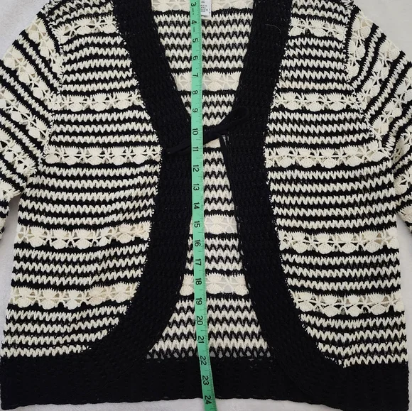 TALBOTS Women's XL Knit Crochet Cardigan Black White Boho Open Front Y2K Vibe - Picture 8 of 14